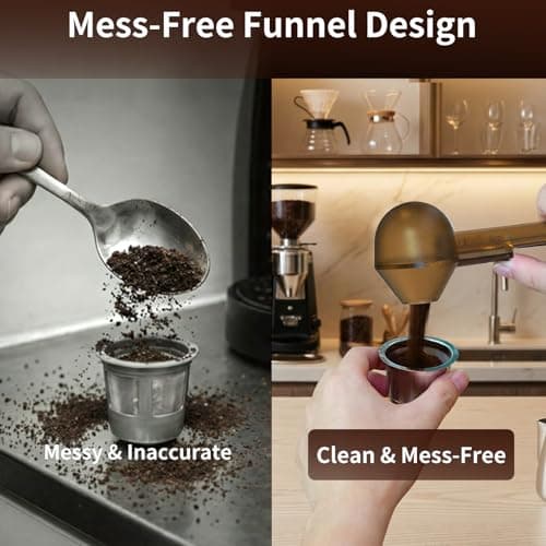 Coffee Scoop with Funnel for Reusable K Cup Refillable Coffee Pods, 2 TBSP Mess-Free Measuring Spoon with Sliding Leveler, Ideal for Ground Coffee, Protein Powder & Tea (Transparent Brown, 1-Pack) - Thumbnail 2