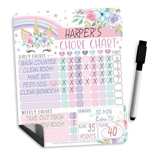 Hadley Designs Magnetic Chore Chart for Kids – Reward Chart for Kids, Dry Erase Responsibility Board for Children at Home, Fridge Behavior Tracker for Daily & Weekly Tasks, Unicorn Toddler Chore Board - Image 1