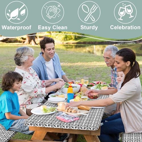 misaya Picnic Table Cover with Bench Cover, Waterproof Elastic Fitted Tablecloth for 6 Foot Tables, Rectangle Washable Polyester Tablecloths for Picnic, Camping, Outdoor (Black, 30" x 72") - Thumbnail 6