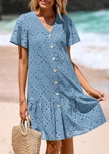 KIRUNDO Eyelet Dresses for Women 2026 Spring Summer Short Sleeve Button Down Loose Mini Babydoll Dress Beach Vacation Clothes(Grey Blue, Medium) - Thumbnail 6