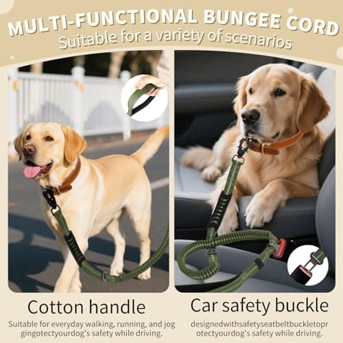 AIRUIDOG Heavy Duty Tactical Bungee Dog Leash, 4-6FT Shock Absorbing Tactical Dog Leash with 2 Padded Handles, Metal Carabiner Clip, Car Seatbelt, Reflective for Medium Large Dogs (ArmyGreen) - Thumbnail 5