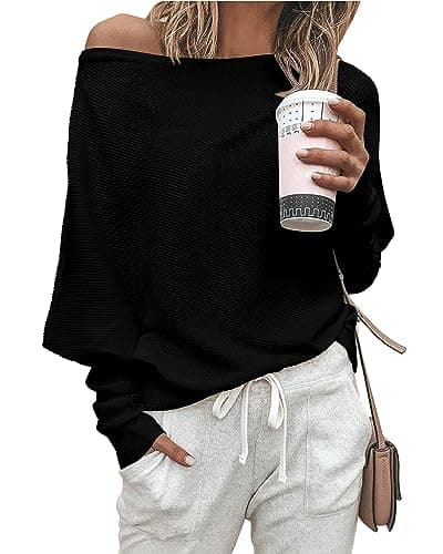 Zenlonr Women's Fall Winter Sweaters 2026 Casual Long Batwing Sleeve Loose Off Shoulder Knit Pullovers Jumper Tops(Black,Small) - Image 1