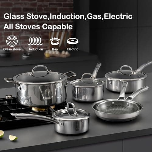 SNOWCLAD Pots and Pans Set Non Stick, 10 Pcs Hybrid Stainless Steel Cookware Sets, Non Stick Frying Pans, Saucepans, Saute Pan & Stock Pot, PFOA Free Kitchen Skillet,Induction Compatible - Thumbnail 5