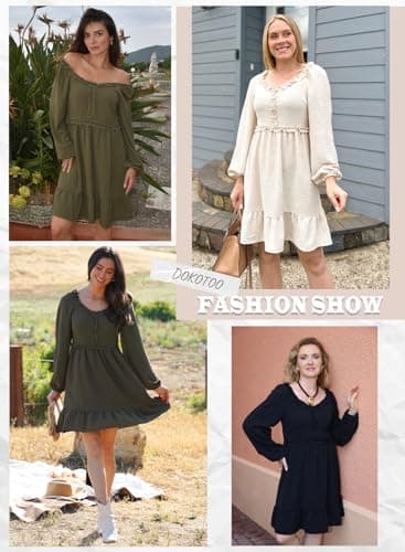 Dokotoo Casual Dresses for Women 2025 Fall Sweetheart Neck Long Sleeve Empire Waist Dress Ruffle Smocked A-line Flowy Elegant Dress Navy Blue Medium - Thumbnail 6