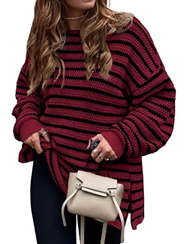 KIRUNDO Women's 2026 Fall Winter Oversized Long Sleeve Striped Sweater Casual Crewneck Side Split Pullover Knit Tops(Wine Red, Medium) - Image 1