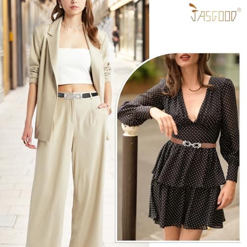 JASGOOD Women Skinny Elastic Belt for Dresses,Thin Retro Stretch Waist Belt with Silver Buckle 2 Pack,Black+Brown - Thumbnail 4