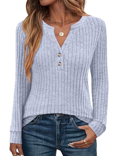 ANRABESS Womens Henley Shirts Long Sleeve Tunic Tops 2025 Fall Fashion Outfits Ribbed Knit Sweaters Ladies Casual Clothes Blue - Image 1