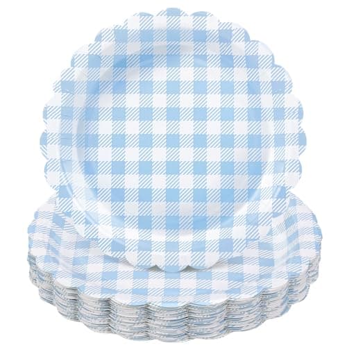 NatNarr 30 Pcs Blue Gingham Plates, 9 Inch Scalloped Blue Gingham Party Supplies Plaid Dessert Dinner Plates for Boy Baby Shower, Wedding, Birthday - Image 1