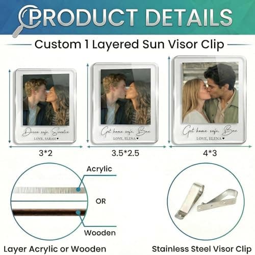 VBAIFAyy Custom Car Visor Photo Clip for Couples - Personalized Acrylic Sun Visor Picture Holder with Text, Drive Safe Gifts for Husband Wife Boyfriend Girlfriend, Valentines Anniversary Present - Thumbnail 2