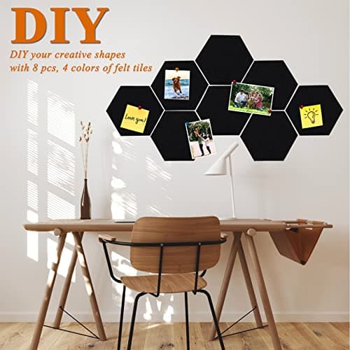HULAVO 8Pcs Hexagon Felt Cork Board Tiles, Self Adhesive DIY Bulletin Board Pin Board for Office School Home Wall Decor Stickers Memos Photos Display (Black) - Thumbnail 3