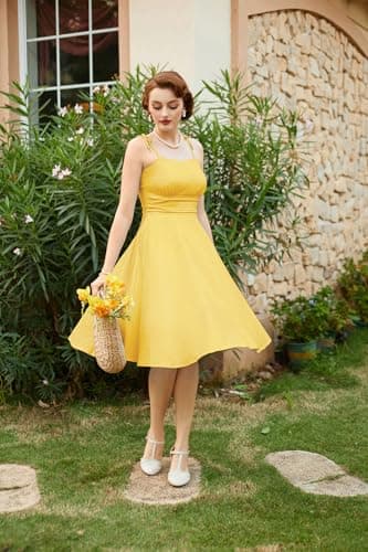 Belle Poque Vintage Dress for Women 2026 Summer Sleeveless Cute A-Line Flowy Swing Fit and Flare Midi Dress Yellow L - Thumbnail 4