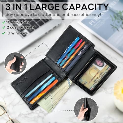 Wallet for Men, Premium Classic Mens Wallet Minimalist Slim Bifold Wallet, RFID Blocking Wallet with 10 Credit Card, 2 ID Window and 2 Cash Slots, Leather Compact Wallet, Front Pocket Card Holder - Thumbnail 3