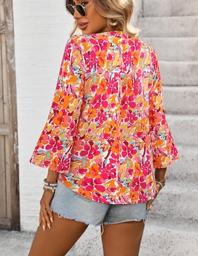 LOOKBOHO Blouses for Women Dressy Casual 3/4 Length Sleeve Boho Tops Button V-Neck Peplum Floral Shirts Red XL - Thumbnail 3