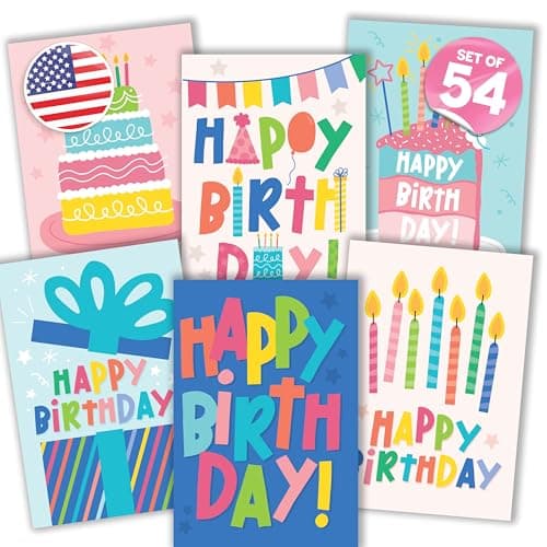 Hadley Designs Happy Birthday Cards Bulk with Envelopes - 54 Assorted Birthday Cards for Kids & Adults, Bulk Greeting Card Pack for Office, Generic Bday Notecards with Envelopes, Designed in USA - Image 1