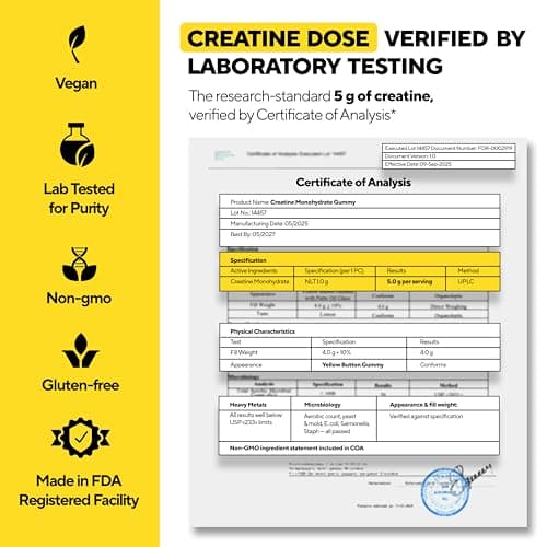 VitaUp Creatine Monohydrate Gummies for Men & Women - USA Made Monohydrate Creatine for Men 5000mg Per Serving - Supports Energy Levels, Training Endurance & Muscle Performance - 90 Gummies - Thumbnail 3