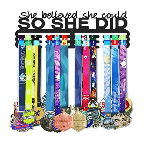 Bliocefo Medals Hanger Display Holder Rack 15.7 inches She Believed She Could Wall Mount Steel Frame Over 70 Medals-Sports Medal Hangers Racks Bib Ribbon with Easy Hanging Bars Black 3 Lines - Image 1