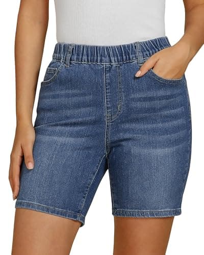 Vetinee Jean Shorts Womens Elastic Waist Elastic Denim Shorts for Women Indigo Classic Blue Small - Image 1
