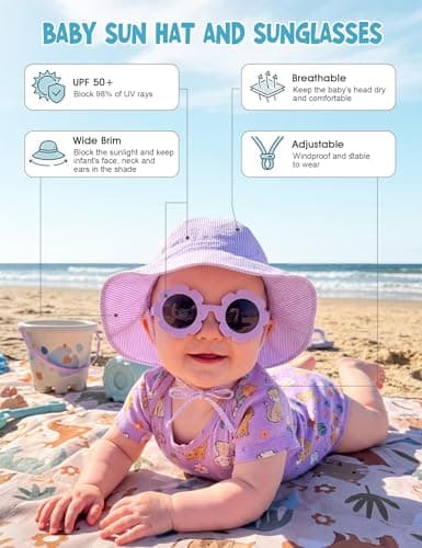 Durio Baby Sun Hat and Sunglasses - UPF50+ Sun Protection Hat for Boy Girl, Wide Brim Summer Beach Hats for Newborn Toddler Purple 3-6 Months - Thumbnail 3
