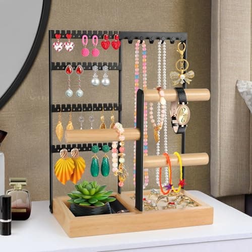 Godboat Jewelry Holder Organizer, 4-Tier Earring Holder with 48 Holes, 6 Hooks Necklace Holder, Removable Bracelet Holder, Gifts for Women, Mom, Mothers Day, Cool Preppy Stuff and Room Decor, Black - Image 1