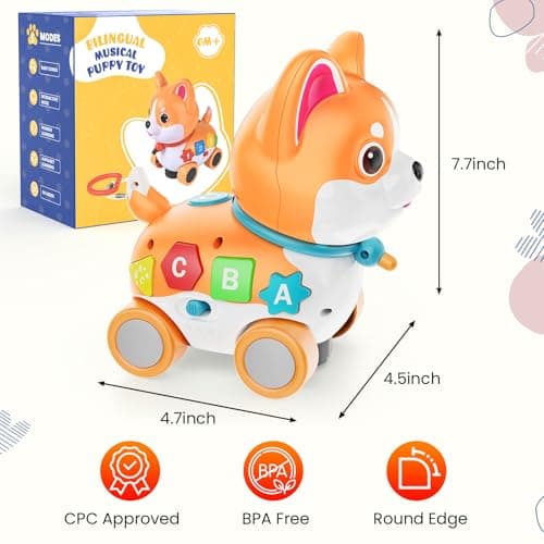 YUANNA Musical Toys for 6 Month - 3 Year Old Boy Girl, Baby Toys Bilingual Educational with Music Light, Crawling & Walking Puppy for Birthday (Orange) - Thumbnail 4