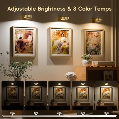 Picture Lights for Wall with Charge Station, 3 Pcs Rechargeable Magnetic Poster Lights with 3 Color Temperatures, Dimmable Timer Painting Wall Decor Light for Art Display, Frame (Gold) - Thumbnail 4