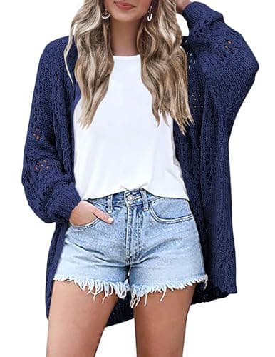 HOTOUCH Lightweight Crochet Cardigan for Women Long Sleeve Open Front Knit Oversized Cardigans Sweaters Navy Blue - Image 1