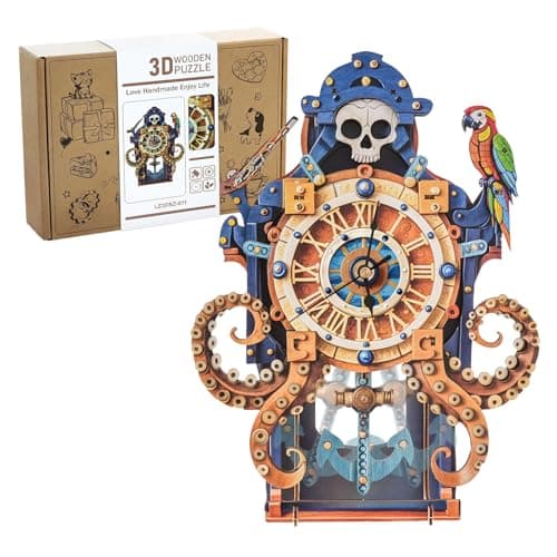 3D Wooden Octopus Pirate Puzzle Clock - Mechanical Model Kit with Anchor Pendulum & Pirate Theme, DIY Building Kit for Adults Teens, Vintage Wall Clock for Home Office Decor, Unique Gift for Men