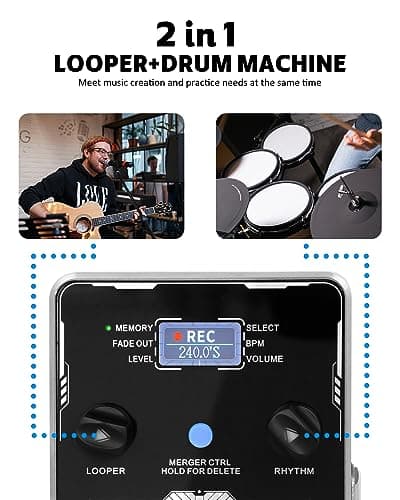 STRICH Stereo Looper Pedal Guitar Pedal with Built-in Drum Machine, 100 Diverse Drum Patterns, 160 Minutes Recording Time, USB for Audio Upload or Download, Support Footswitch Control - Thumbnail 2