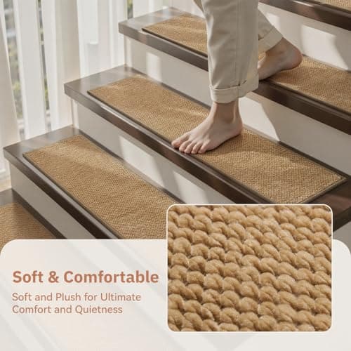 PADOOR Tufted Stair Treads for Wooden Steps 15PC, Soft Peel and Stick Stair Treads Non Slip Indoor, Adhesive Stair Runner Residue Free Stair Carpet Treads Washable for Kids Pets Elders, 8"x30" Beige - Thumbnail 3