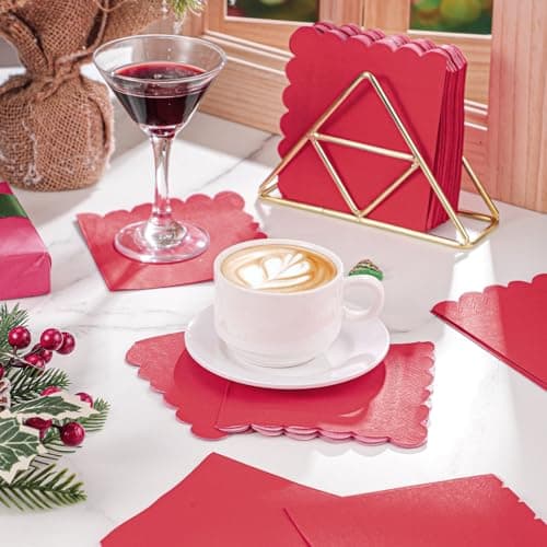 NatNarr 120 Pcs Cocktail Napkins Red Valentines Napkins Red Dessert Beverage Napkin Scalloped Paper Napkin for Birthday Wedding Graduation, 5 x 5 Inch - Thumbnail 6