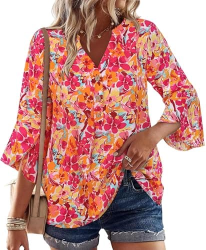 LOOKBOHO Blouses for Women Dressy Casual 3/4 Length Sleeve Boho Tops Button V-Neck Peplum Floral Shirts Red XL - Image 1