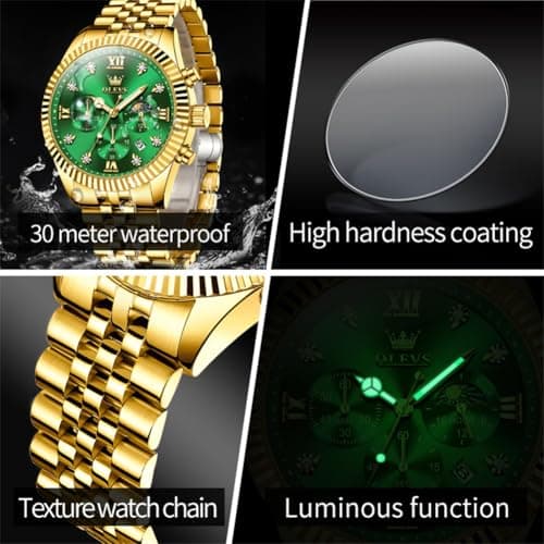 OLEVS Gold Watches for Men Luxury Dress Green Big Face Stainless Steel Analog Quartz Mens Watch Wrist Waterproof Fashion Chronograph Moon Phase Luminous Mens Watches Relojes para Hombres - Thumbnail 6