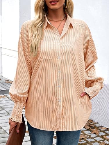 Bellcoco Women's Striped Button Down Shirts Smocked Puff Sleeve Boyfriend Blouse Oversized Work Tops with Pocket(Striped Button Down Shirts S) Orange - Thumbnail 4