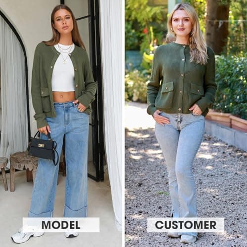 EXLURA Womens 2025 Knit Cardigan Sweaters Spring Fall Crewneck Open Front Button Jacket Fashion Outerwear Coats with Pockets Green - Thumbnail 4