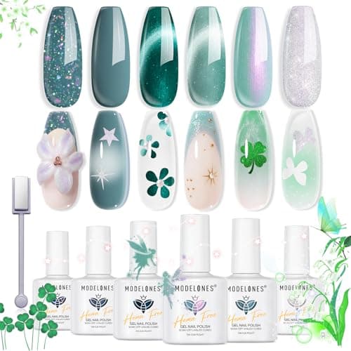 modelones Gel Nail Polish, 6 Colors Hema Free 9D Green Glass Cat Eye Sliver Green Glitter 2026 St Patricks Spring Nail Polish Kit with Magnet Soak Off LED Winter Cateye Nail Art Gel DIY Salon - Image 1