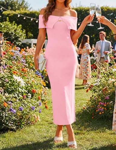 ZESICA Women's Off Shoulder Bodycon Maxi Dress 2026 Summer Ribbed Knit Cocktail Party Formal Sweater Dresses Pink X-Large - Thumbnail 4