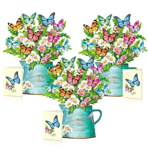 Airpark Pop Up Flower Cards, 3 Packs, Daisies and Butterflies,12inch Forever Flower Bouquet 3D Popup Greeting Cards with Blank Note Card and Envelope for Birthday, Easter, Mother's Day