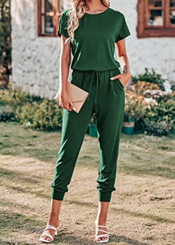 KIRUNDO Jumpsuits for Women Summer 2026 Casual Short Sleeve One Piece Outfits Drawstring Waist Long Pants Romper Jumpers(Dark Green, X-Large) - Thumbnail 3