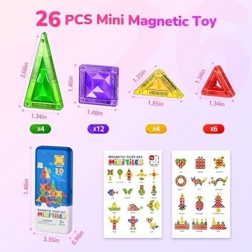 OFFISYS Mini Magnetic Tiles for Kids, Sparkling Diamond Travel Magnet Tiles with Metal Case, STEM Educational Magnet Blocks, Portable Construction Magnet Toys for Boys and Girls, 26PCS - Thumbnail 2