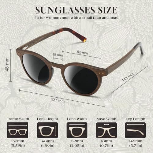 SUNGAIT Round Wood Polarized Sunglasses Women Men Vintage Retro Oak Walnut Rosewood Wooden Shades UV Protection (Walnut Frame/Grey Lens) - Thumbnail 5