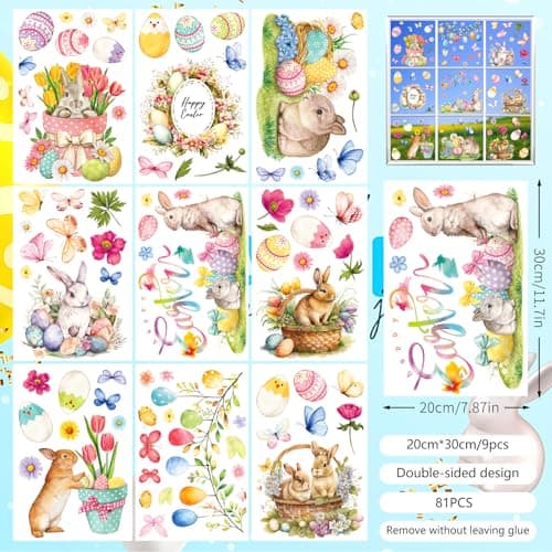 81PCS Easter Window Clings - Easter Window Clings for Glass Windows, Easter Egg Bunny Butterfly Stickers for Window Decals, Double-Sided Spring Flower Window Stickers for Easter Decorations (9 Sheets) - Thumbnail 4