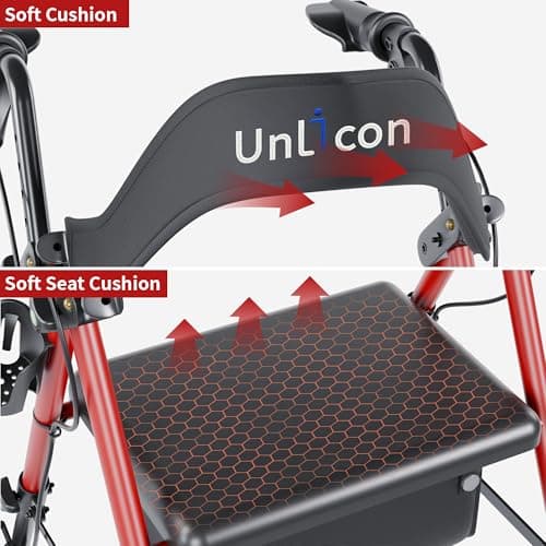 UNLICON Rollator Walkers with Seat, Rollator Walker with Durable, 8'' Big Wheels, 350 lb. Weight Capacity, Adjustable Handles and Seat Height ，Lightweight Rolling Walker for Seniors-Red - Thumbnail 5