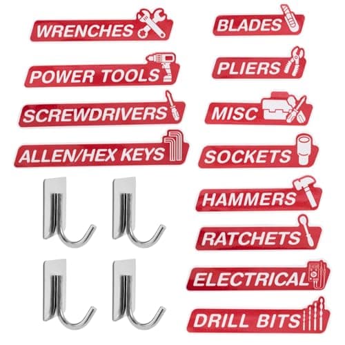 Magnetic Tool Box Labels and Hooks Set, 12 PCS Toolbox Magnetic Labels + 4PCS Self Adhesive Metal Hooks, Reusable Tool Box Accessories Organize for Steel Carts, Drawers, and Cabinets(Red) - Image 1