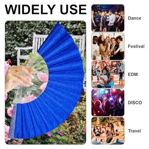 EOSAU Glitter Folding Hand Fans for Women Foldable Handheld Clack Fans for line Dancing, Wedding, Church, Festival, EDM, Party, Club, Rave Accessories (9" Blue 02) - Thumbnail 5