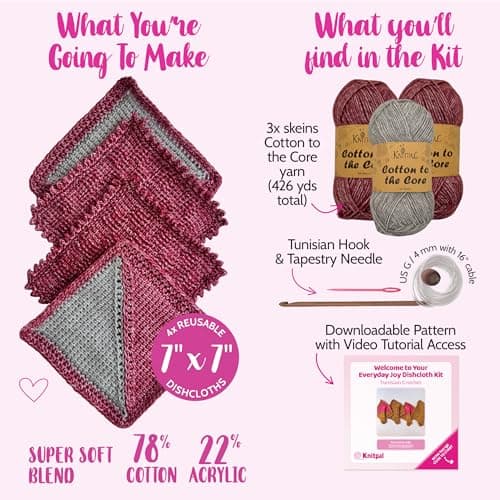 KnitPal Everyday Joy Tunisian Crochet Dishcloth Kit for Confident Beginners – Make 4 Reusable Dishcloths – Cotton Yarn, Tunisian Crochet Hook, 2 Patterns & Video Tutorials (Cherry Red + Elephant Gray) - Thumbnail 3