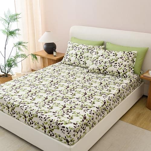 Twin Size Bed Sheets Set Deep Pockets - 6PC Floral Ultra Soft Microfiber Bed Sheets - Easy to Clean, 90 Thread Count Sheets Includes 1 Fitted, 1 Flat, 2 Pillowcases (Beige/Green Leaves) - Image 1