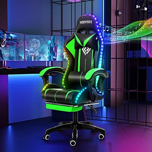 HOFFREE RGB Gaming Chair with Speakers Massage Computer Gaming Chair with LED Lights and Footrest High Back Video Game Chair for Adults Green and Black