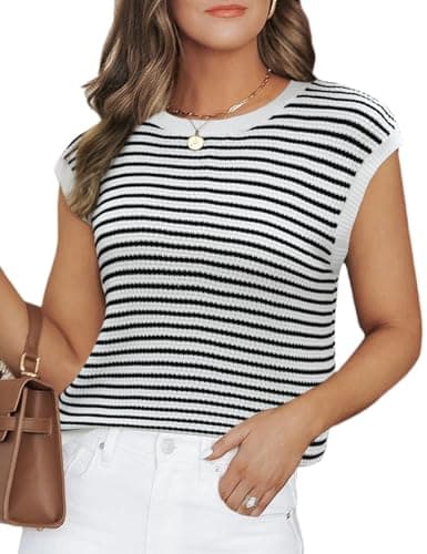 CiCiBird Women Summer Cap Sleeve Sweaters Knit Crew Neck Pullover Tank Tops 2025 Casual Trendy Shirt Striped White Black M - Image 1