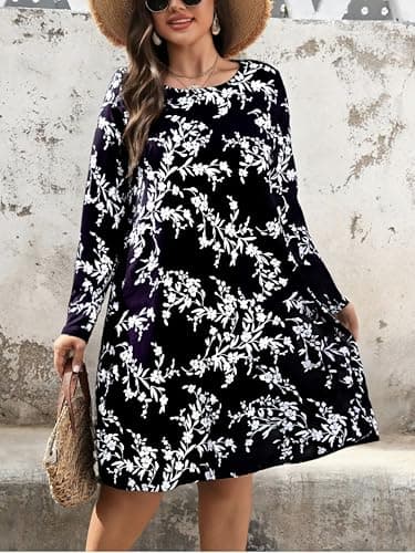 BLANCHES Plus Size Floral Dress for Women Long Sleeves Crew Neck Casual Dresses Empire Waist Swing Cute Tiered Loose A-Line Flowy Dress with Pockets - Thumbnail 3