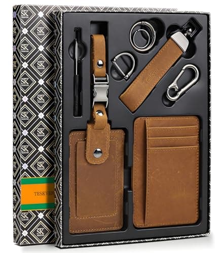 Teskyer Mens Slim Minimalist RFID Blocking Genuine Leather Wallet Gift Set with Luggage Tag & Car Keychain - Front Pocket Thin Credit Card Holder for Men, Perfect Gifts for Men (Brown) - Image 1